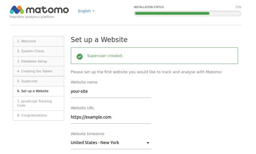 Matomo web interface installation